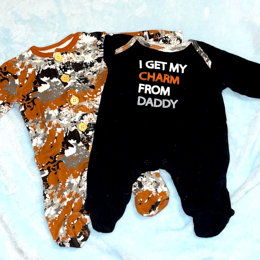 2pc brown, black and white army footed onesie